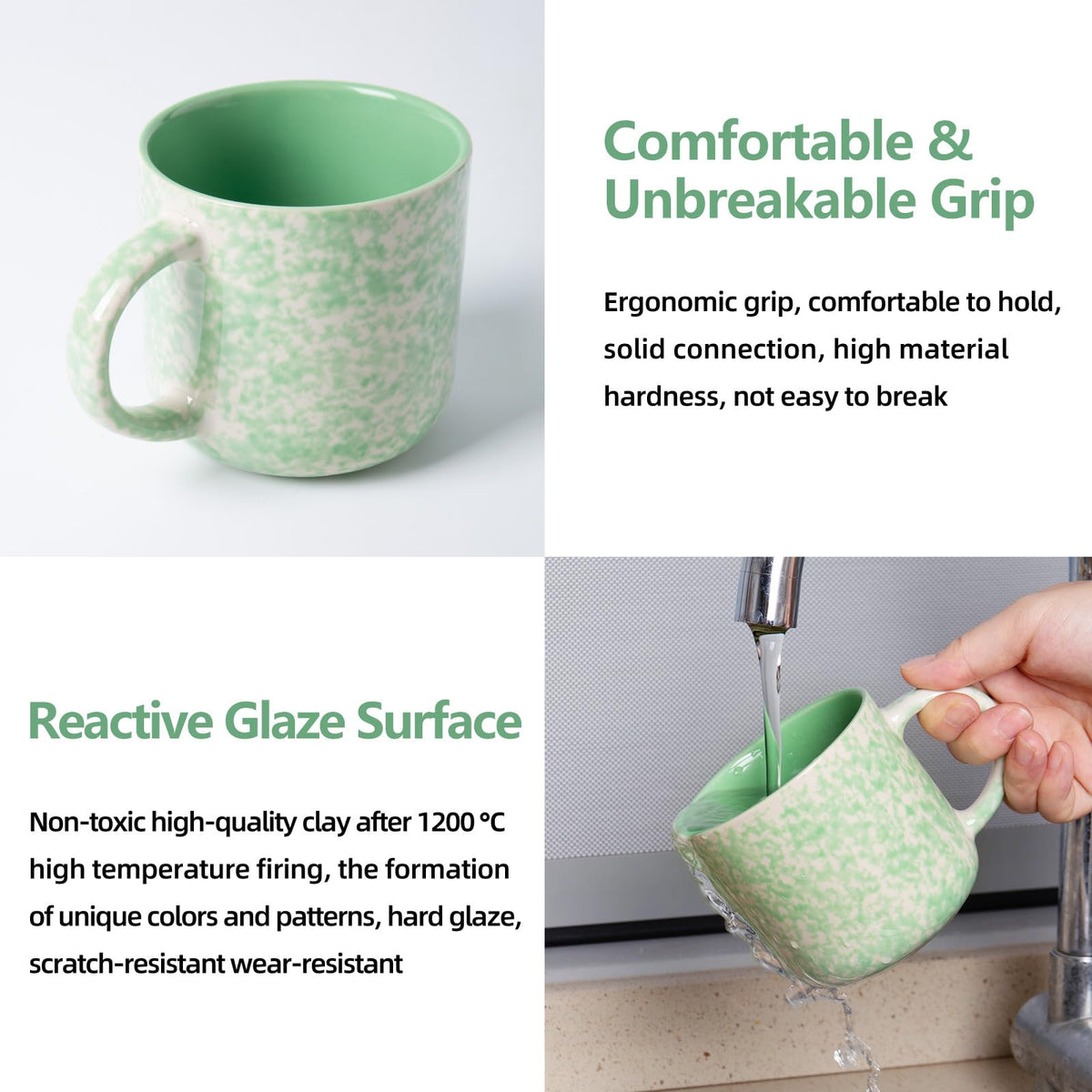 SayMOJO 12oz Ceramic Coffee Mugs – Set of 4, Green