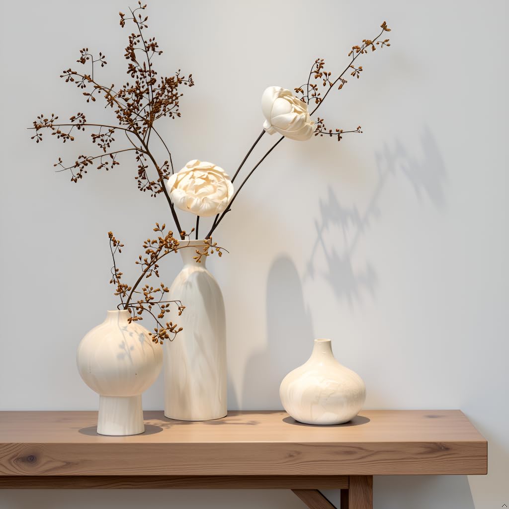 SayMOJO Ceramic Vase Set of 3 – White & Beige, Stone-Look Texture