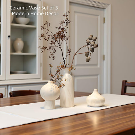 SayMOJO Ceramic Vase Set of 3 – White & Beige, Stone-Look Texture