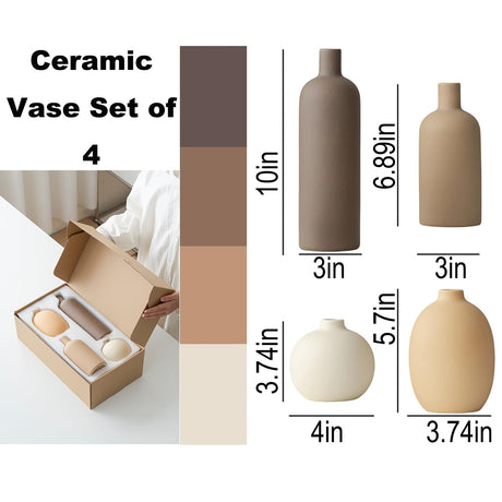 SayMOJO Modern Ceramic Vase Set of 4 – Neutral Colors, Coffee Mix