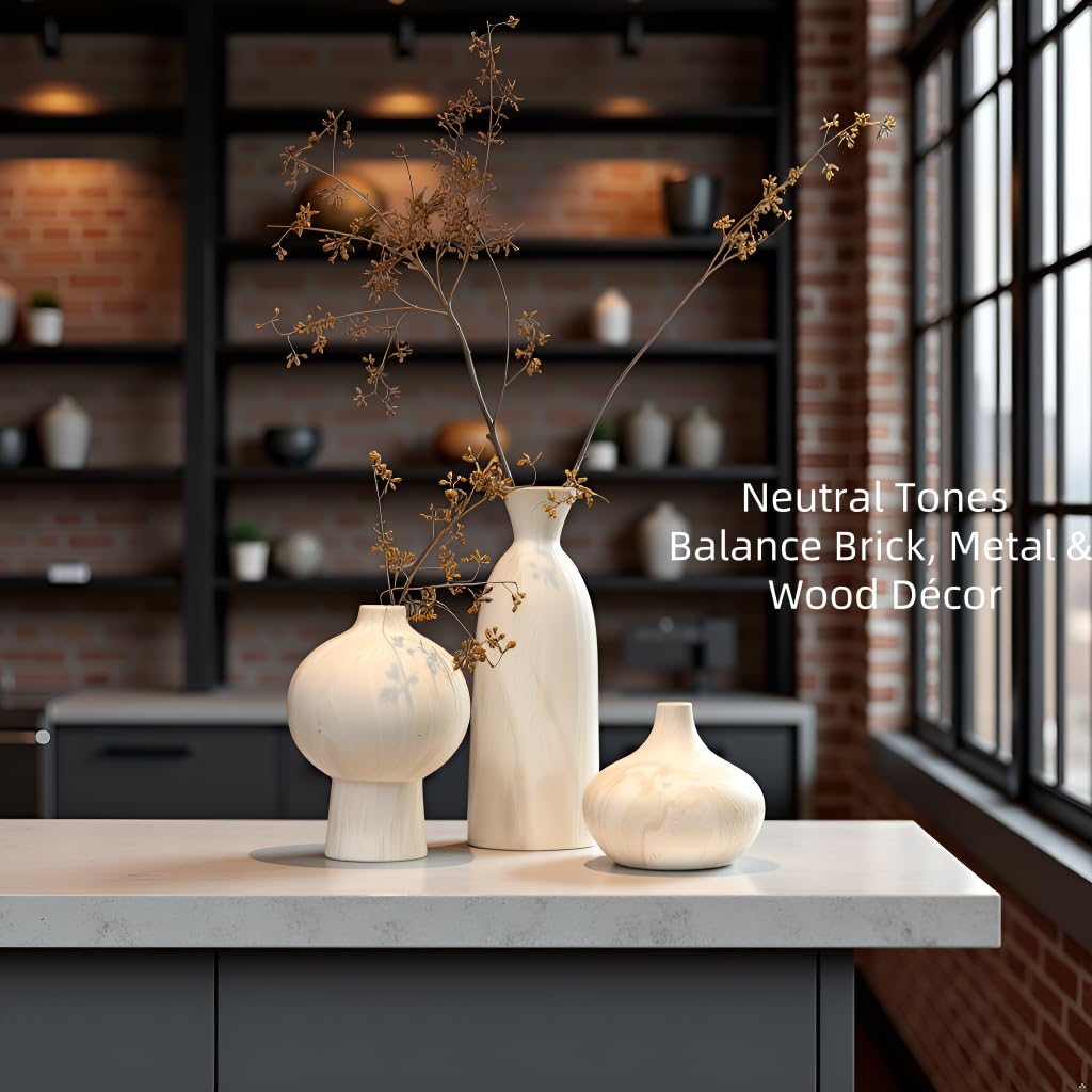 SayMOJO Ceramic Vase Set of 3 – White & Beige, Stone-Look Texture