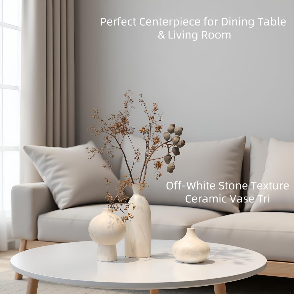 SayMOJO Ceramic Vase Set of 3 – White & Beige, Stone-Look Texture