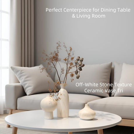 SayMOJO Ceramic Vase Set of 3 – White & Beige, Stone-Look Texture