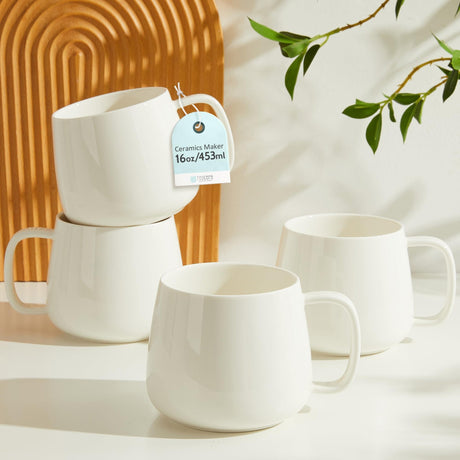 SayMOJO 16oz Stackable Ceramic Coffee Mugs – Set of 4, White
