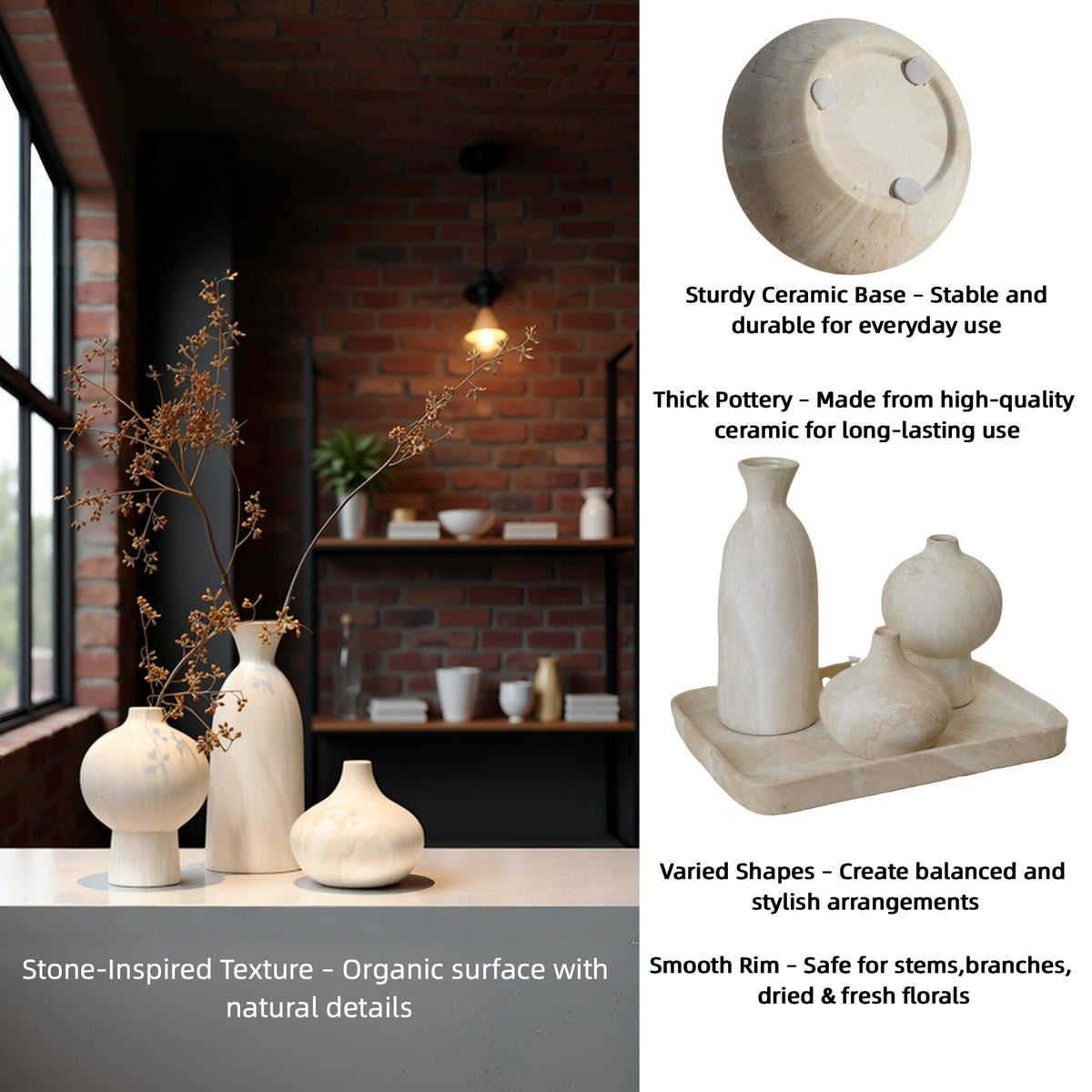 SayMOJO Ceramic Vase Set of 3 – White & Beige, Stone-Look Texture