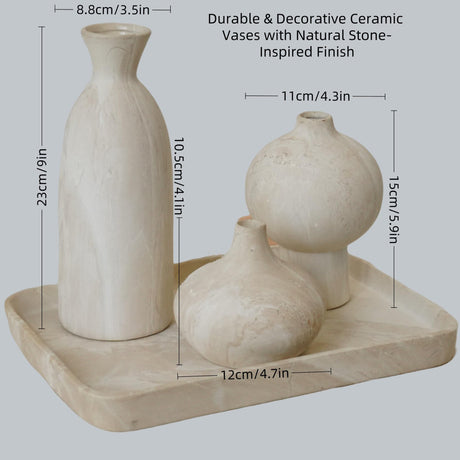 SayMOJO Ceramic Vase Set of 3 – White & Beige, Stone-Look Texture