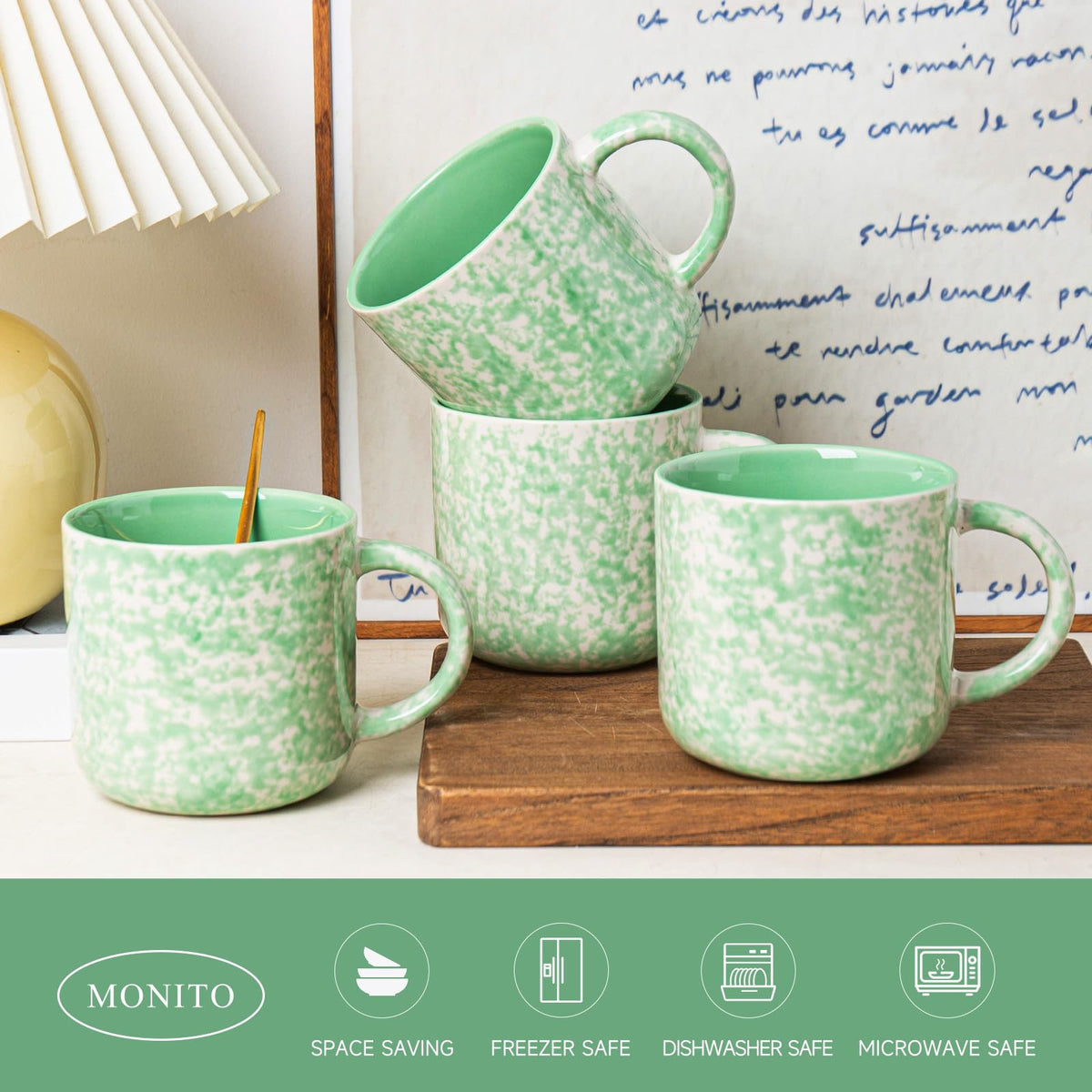 SayMOJO 12oz Ceramic Coffee Mugs – Set of 4, Green