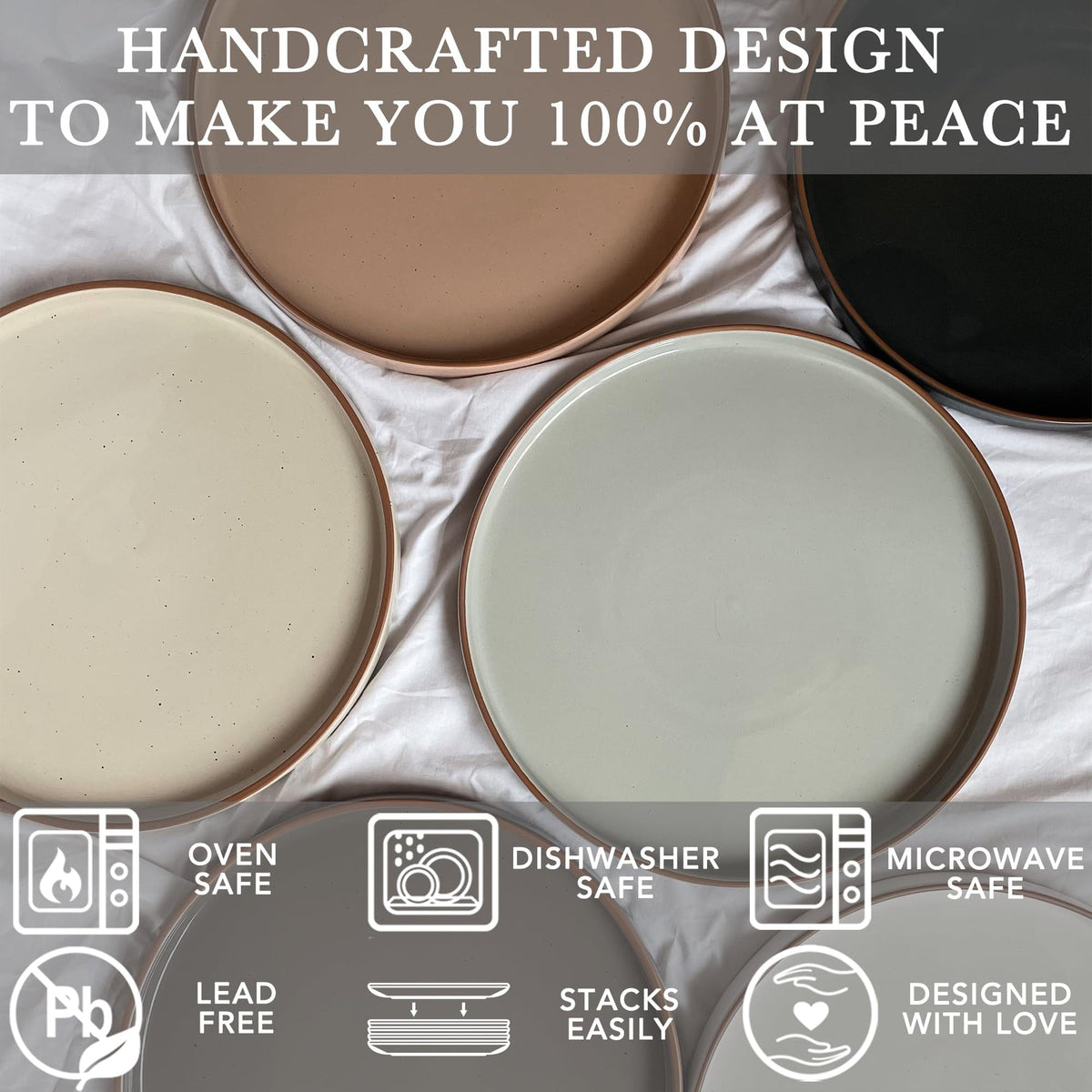 SayMOJO Ceramic Flat Plates – Set of 6, 8 Inch, Neutral Colors
