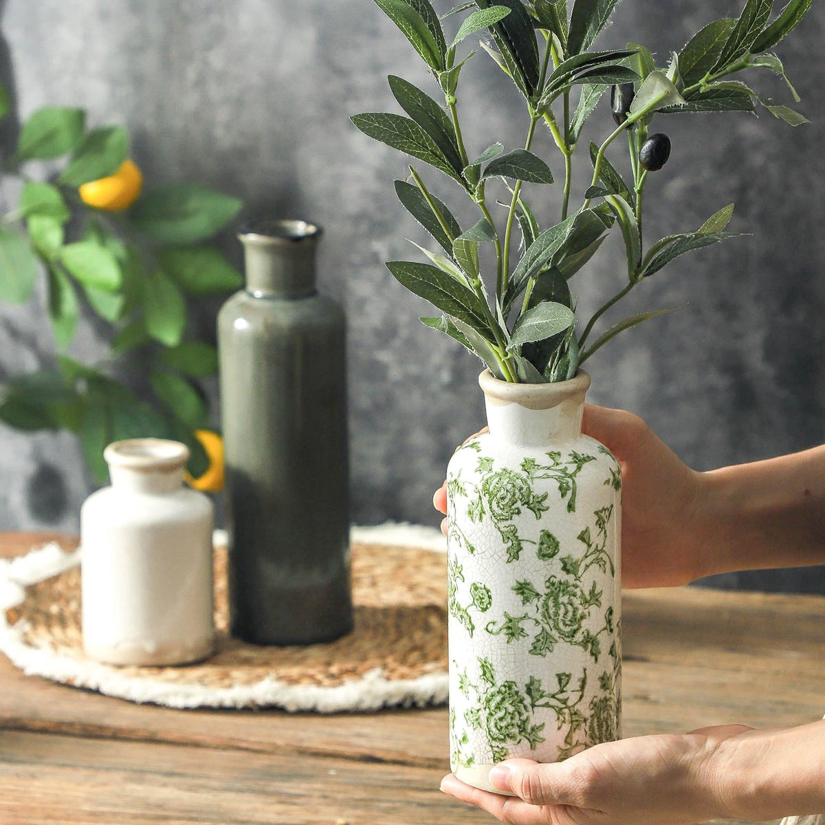 Powoo Vintage Ceramic Flower Vase Set of 3 – Chinoiserie, Green & Beige