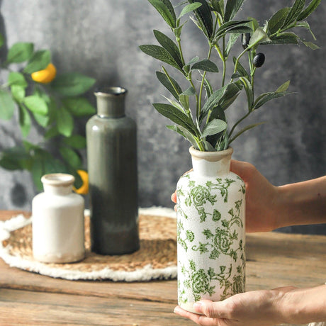 SayMOJO Vintage Ceramic Flower Vase Set of 3 – Chinoiserie, Green & Beige