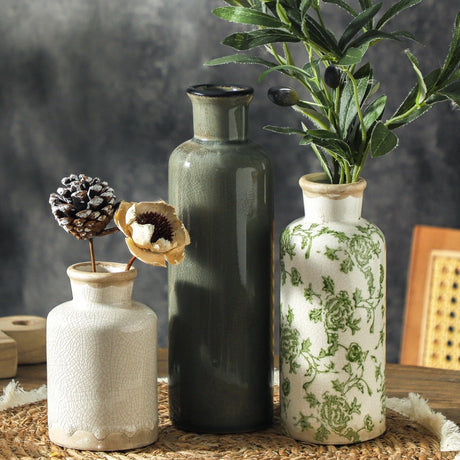SayMOJO Vintage Ceramic Flower Vase Set of 3 – Chinoiserie, Green & Beige
