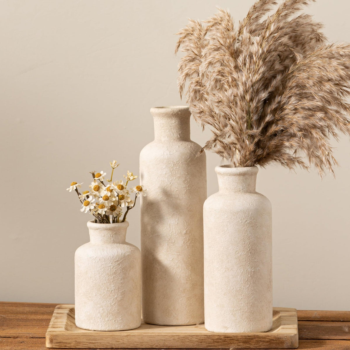 SayMOJO Ceramic Vases Set of 3 – Whitewashed Neutral, Farmhouse Decor