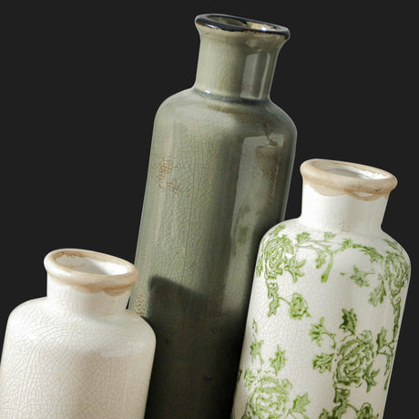 SayMOJO Vintage Ceramic Flower Vase Set of 3 – Chinoiserie, Green & Beige