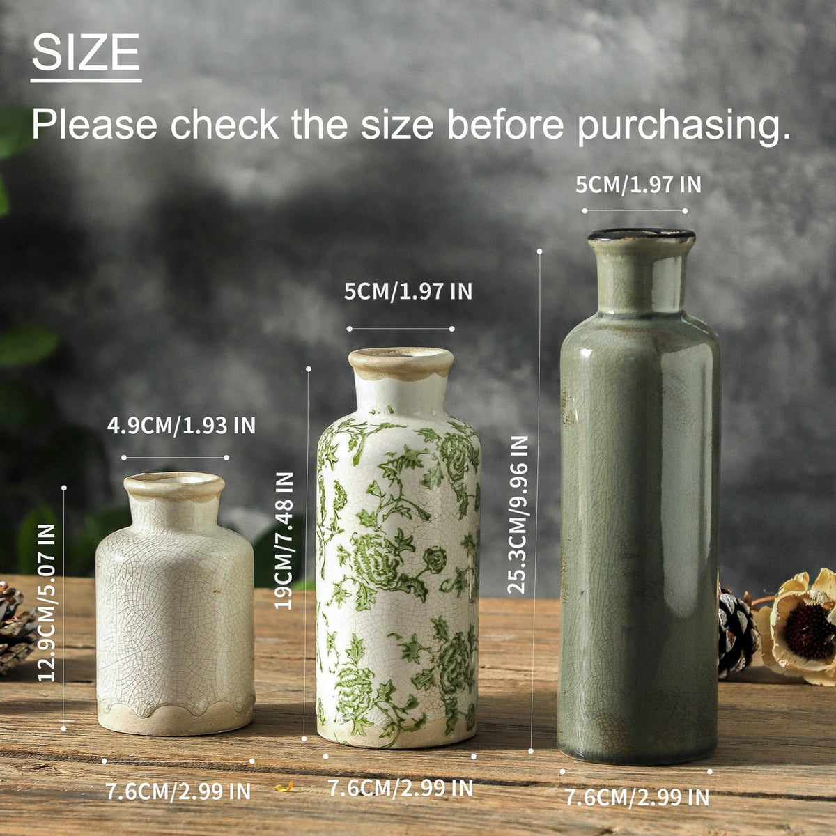 Powoo Vintage Ceramic Flower Vase Set of 3 – Chinoiserie, Green & Beige