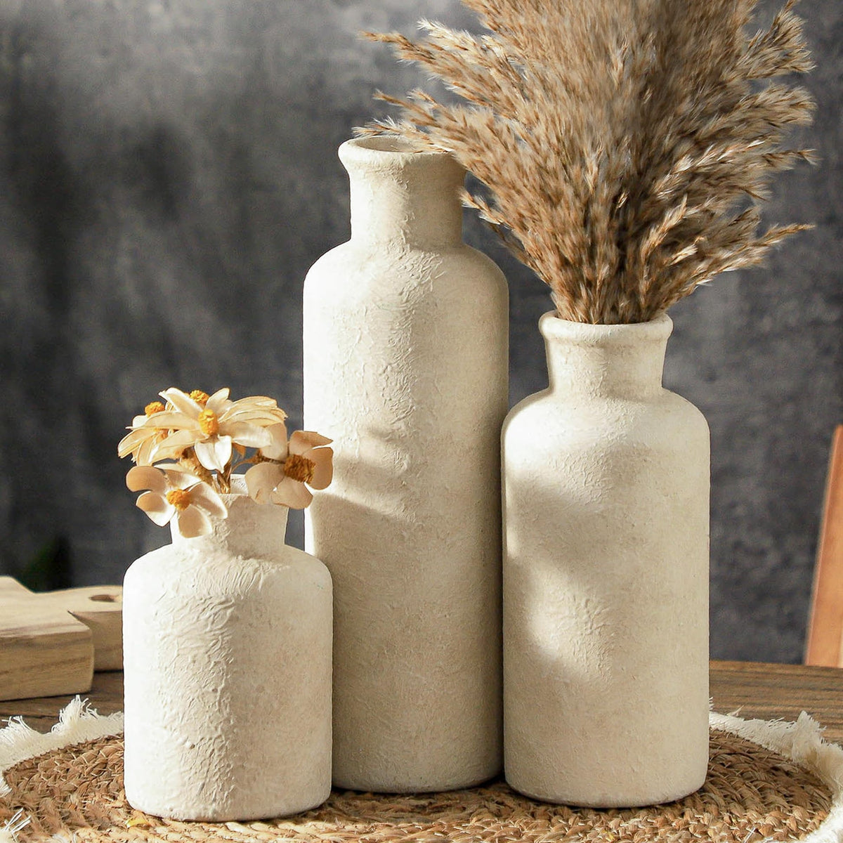 SayMOJO Ceramic Vases Set of 3 – Whitewashed Neutral, Farmhouse Decor