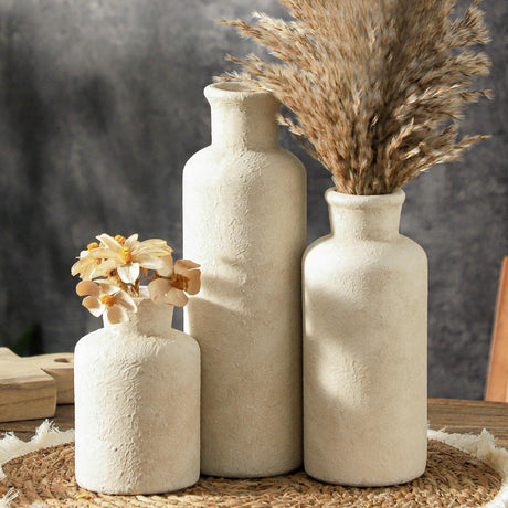 SayMOJO Ceramic Vases Set of 3 – Whitewashed Neutral, Farmhouse Decor