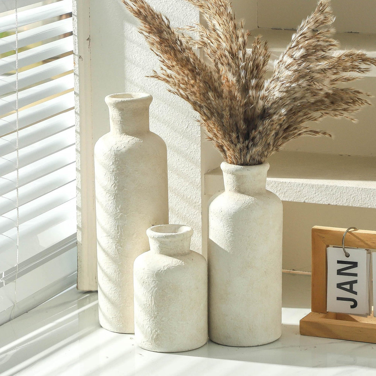 SayMOJO Ceramic Vases Set of 3 – Whitewashed Neutral, Farmhouse Decor